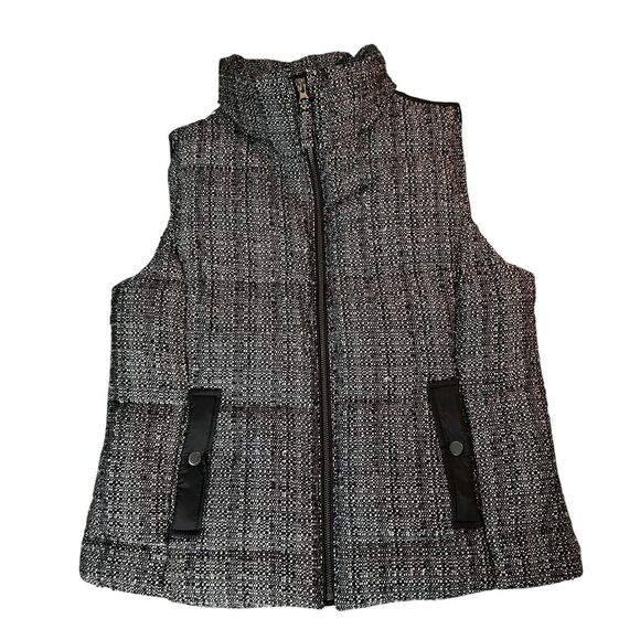 Talbots Down Filled Puffer Quilted Vest SMALL Black White Tweed Fabric Front - Picture 12 of 12